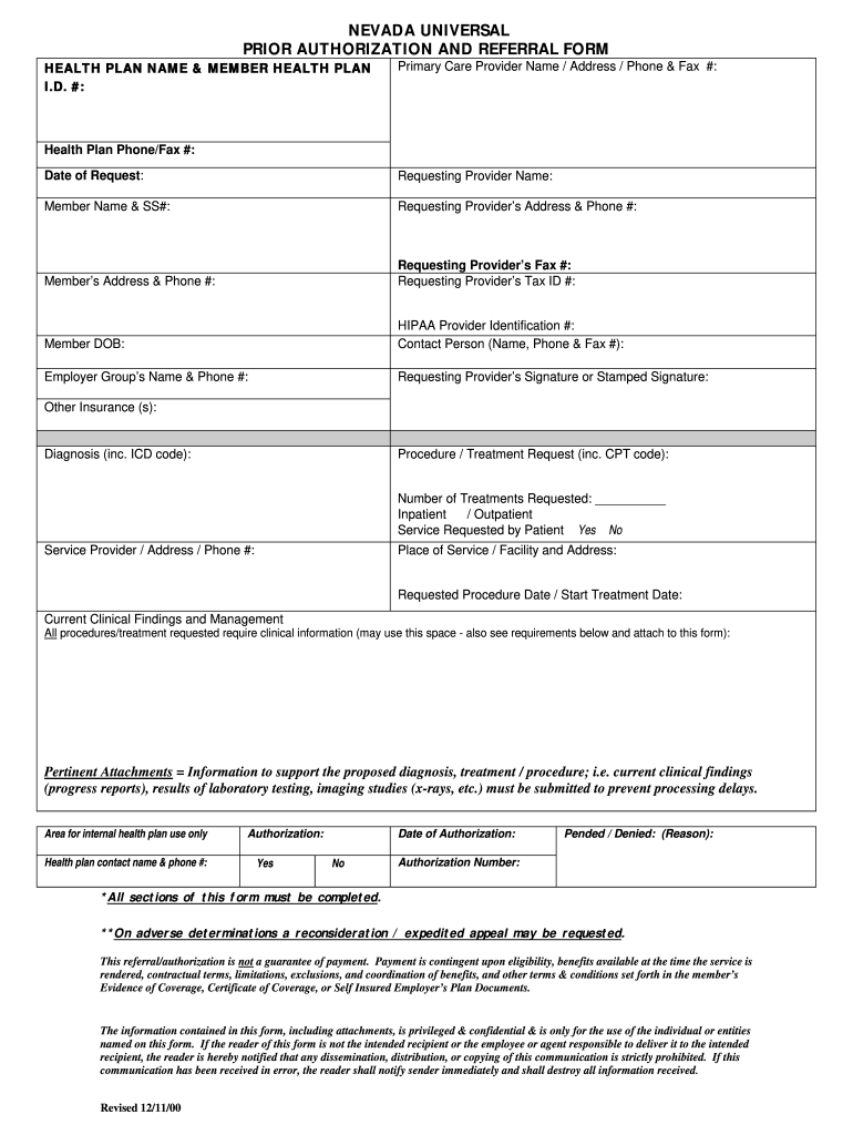 2000 NV Prior Authorization And Referral Form Fill Online Printable