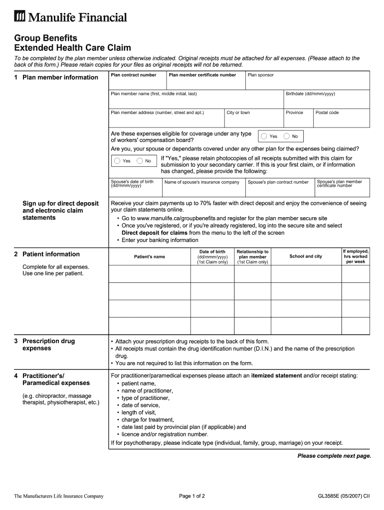 2007 Form Manulife Financial GL3585E Fill Online Printable Fillable 