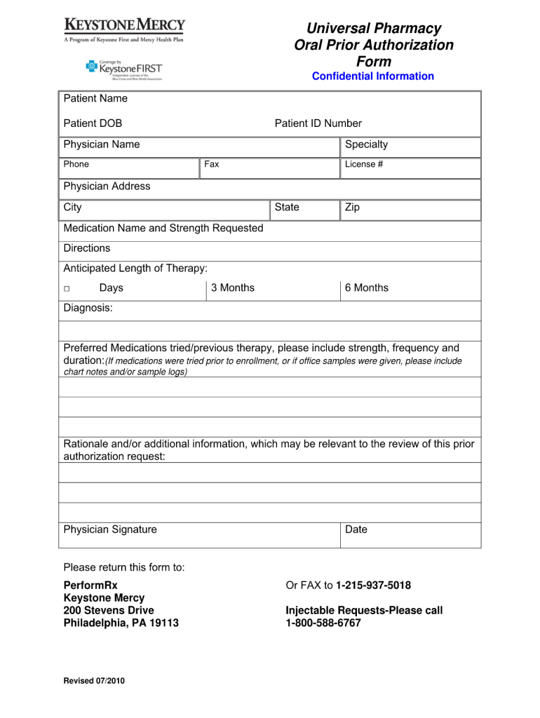 2010 Keystone First Universal Pharmacy Oral Prior Authorization Form