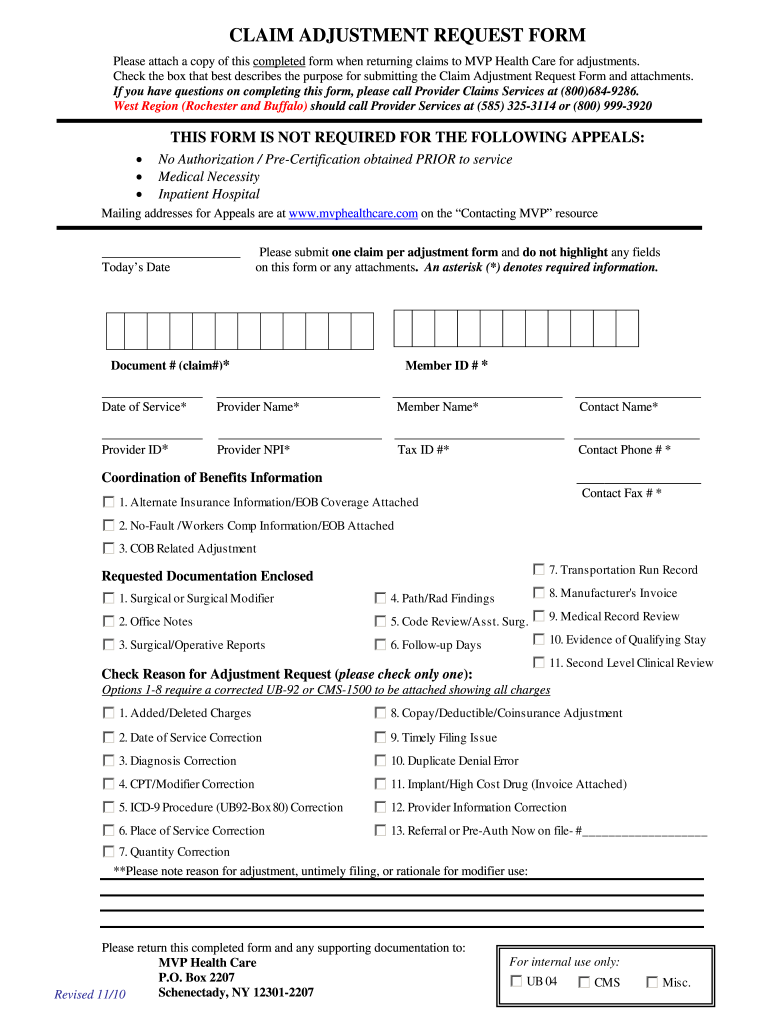 2010 MVP Health Care Claim Adjustment Request Form Fill Online 