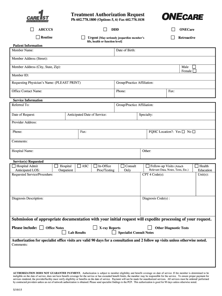 2012 Form AZ Care1st Health Plan Treatment Authorization Request Fill