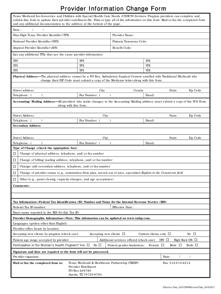 2012 TX Provider Information Change Form Fill Online Printable 