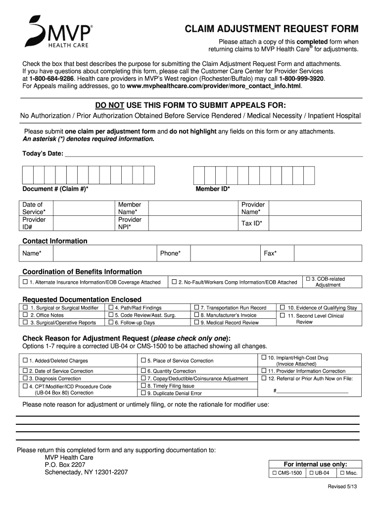 2013 2021 MVP Health Care Claim Adjustment Request Form Fill Online