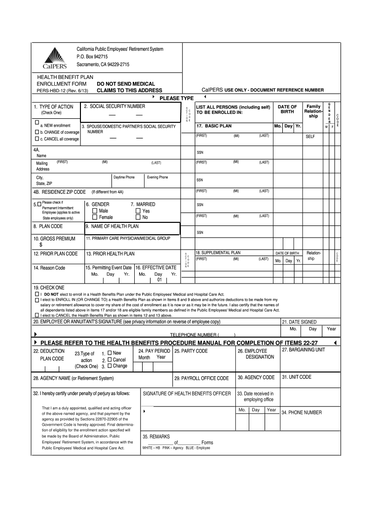 2013 Form CA CalPERS HBD 12 Fill Online Printable Fillable Blank