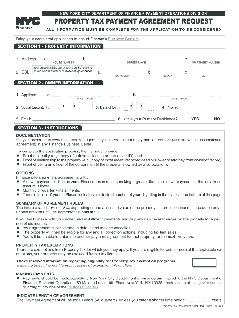 2013 Form Property Tax Payment Agreement Request Fill Online Printable 