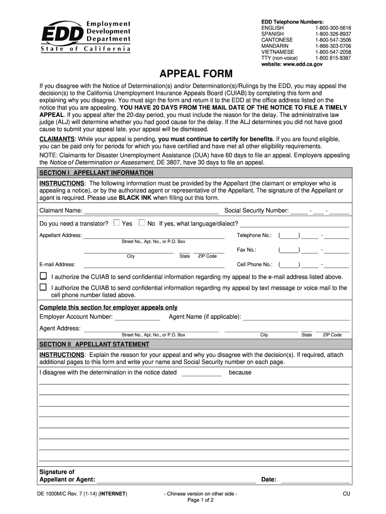 2014 2021 Form CA EDD DE 1000M C Fill Online Printable Fillable