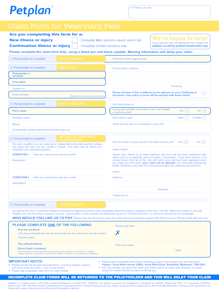 2016 2020 Petplan Claim Form For Veterinary Fees Fill Online Printable 