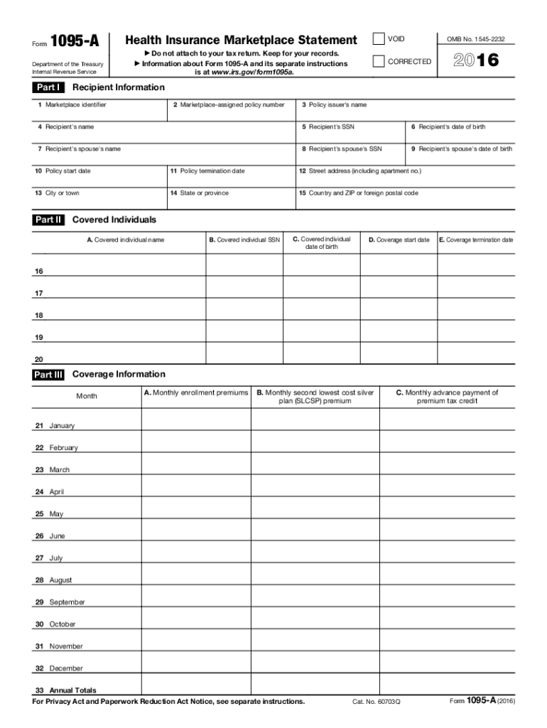 2016 Form IRS 1095 A Fill Online Printable Fillable Blank PdfFiller