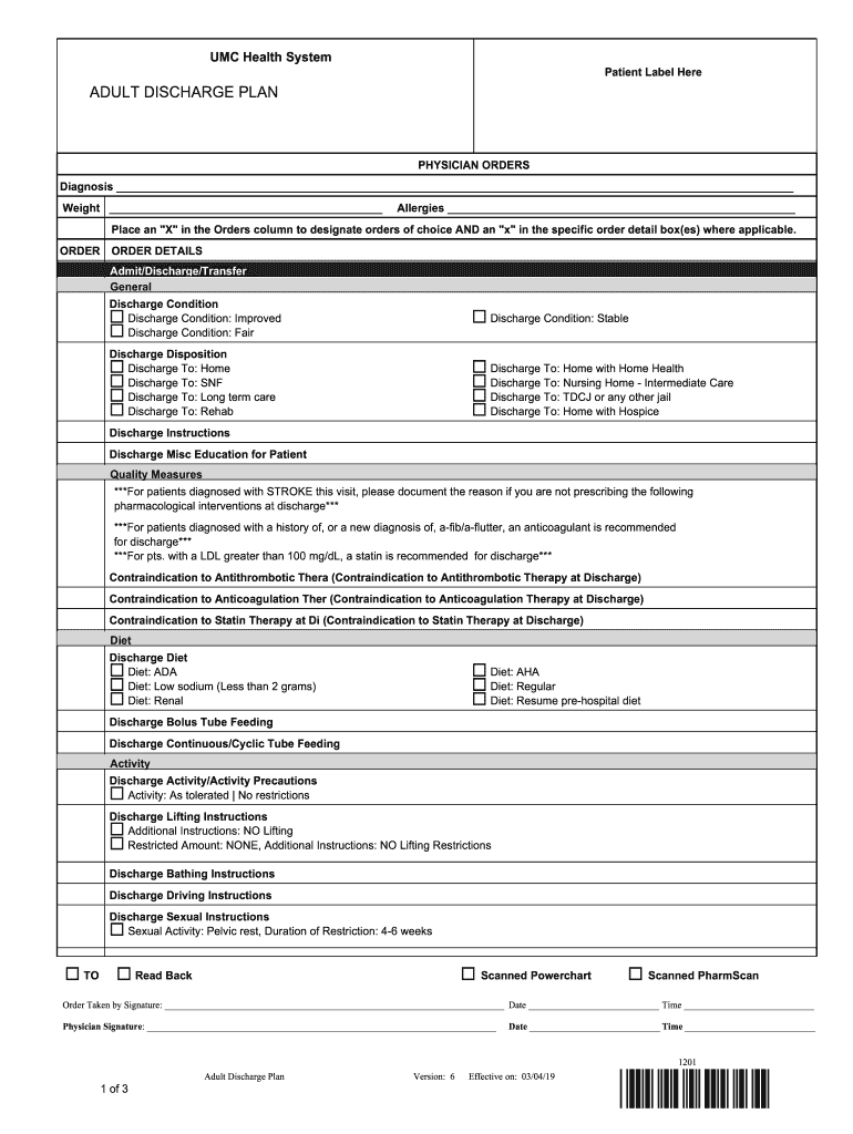 2019 2021 Form UMC Health System Adult Discharge Plan Fill Online 