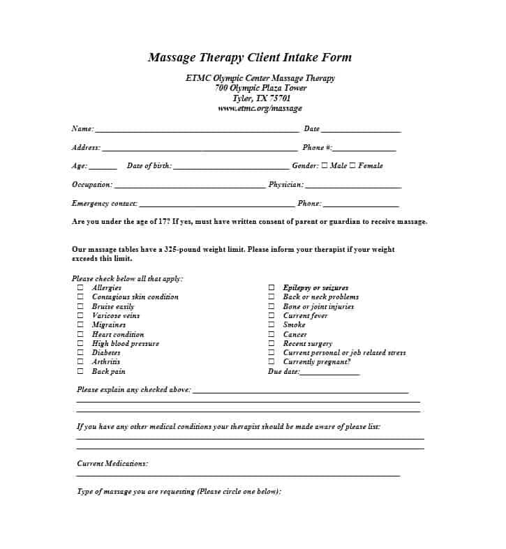 59 Best Massage Intake Forms For Any Client Printable Templates In 