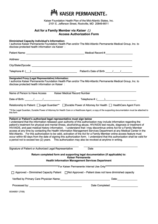 Act For A Family Member Access Authorization Form Printable Pdf Download