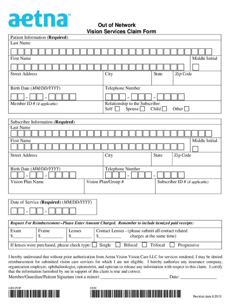 Aetna Out of Network Vision Services Claim Form 2013 Fill And Sign 