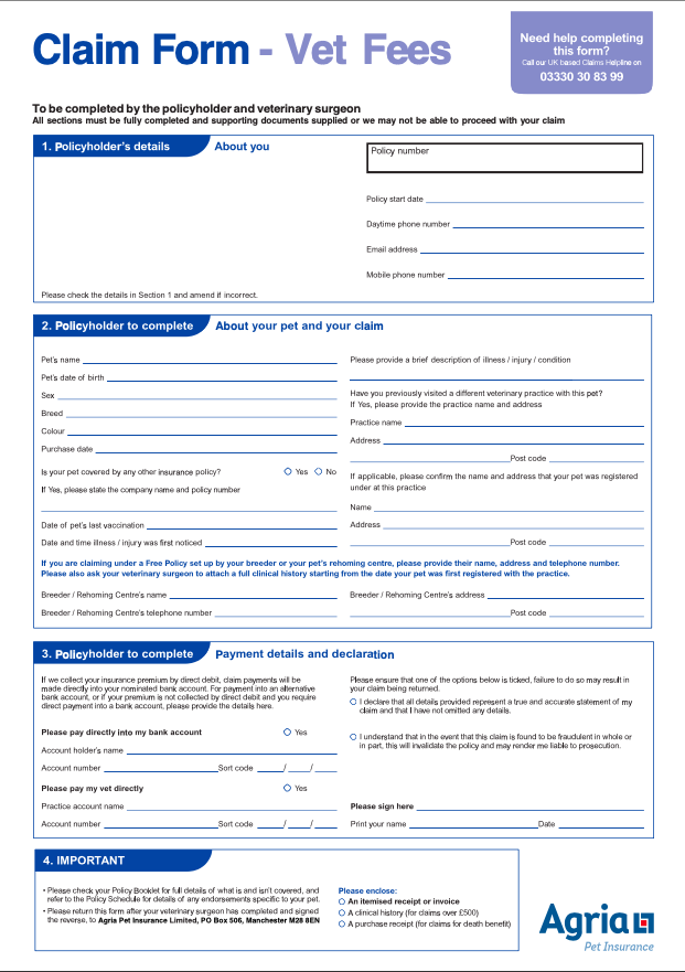 Agria Pet Insurance Claim Form Download PDF
