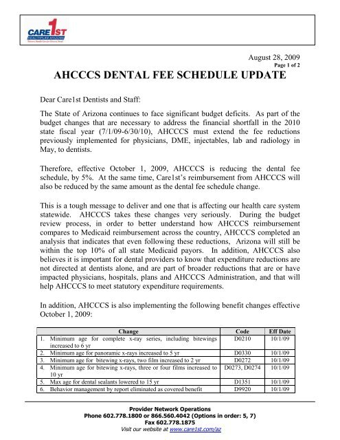 Ahcccs Dental Fee Schedule Update Care1st Health Plan