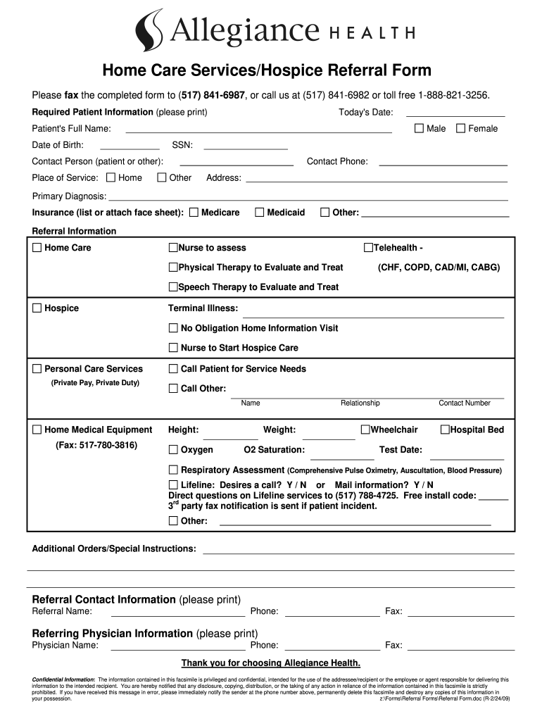 Allegiance Referral Form Fill Online Printable Fillable Blank 