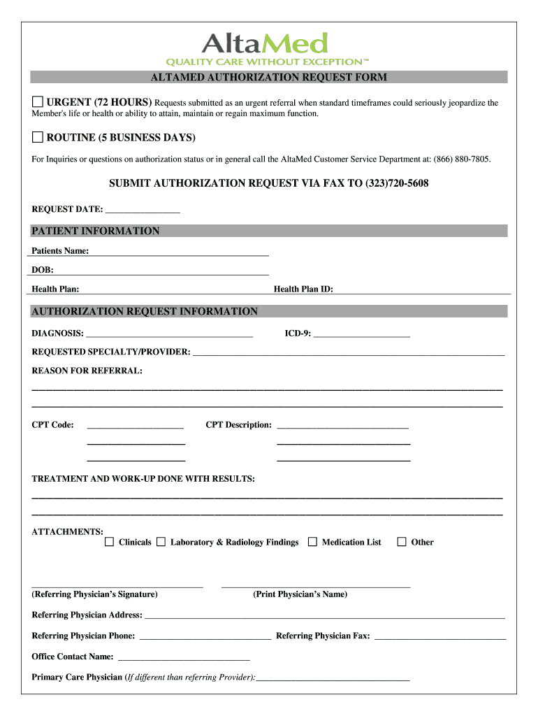 Altamed Authorization Form Fill Online Printable Fillable Blank 