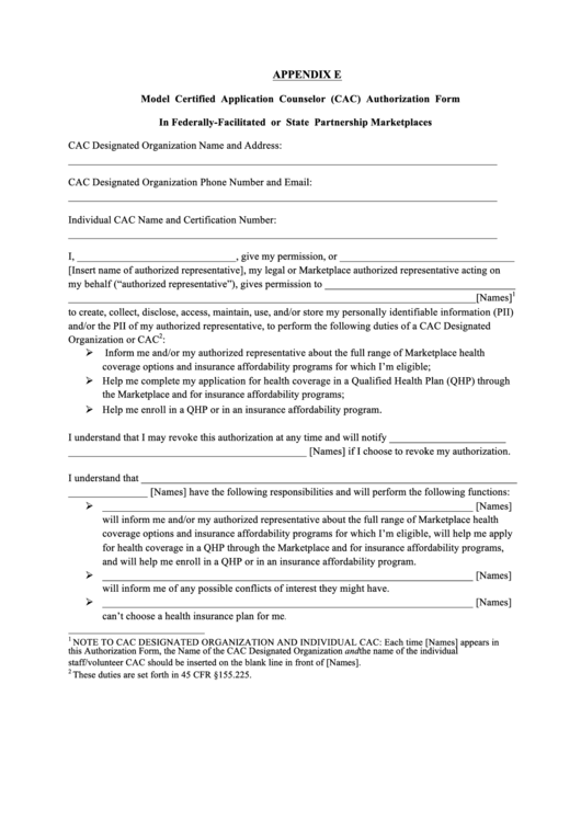 Appendix E Model Certified Application Counselor Cac Authorization 