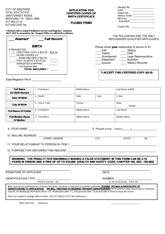 Application For Certified Copies Of Birth Certificate City Of Bedford 