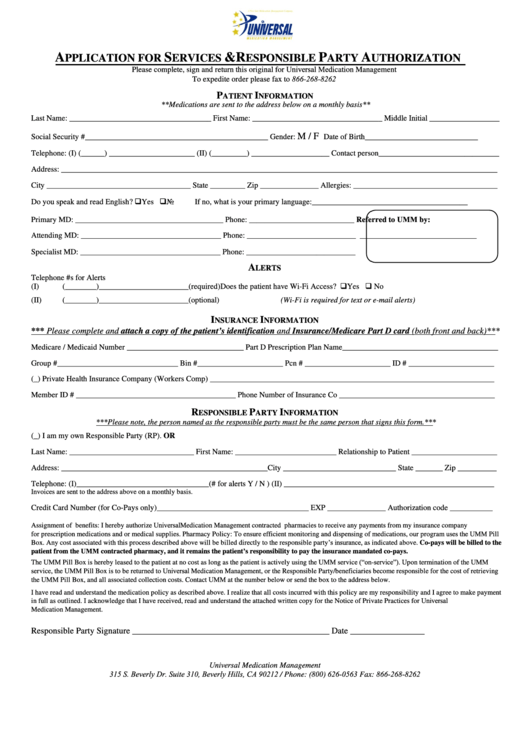 Application For Services Responsible Party Authorization Printable 