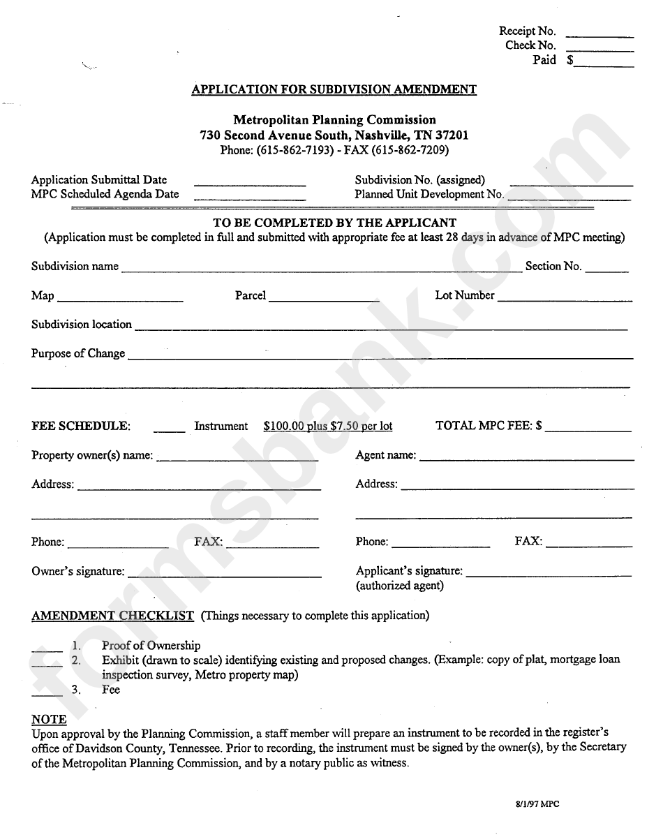 Application For Subdivision Amendment Form Metropolitan Planning 