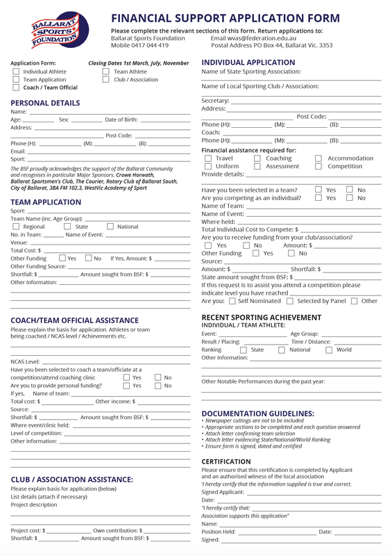 Application Form Ballarat Sports Foundation