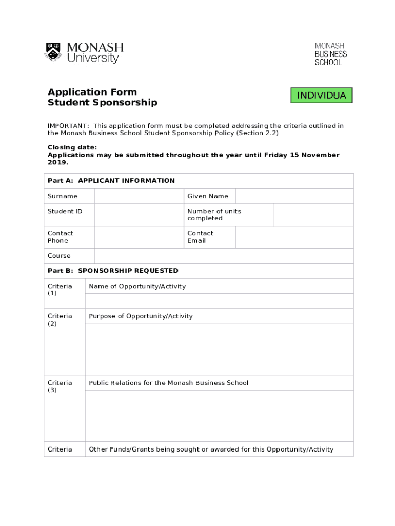 Application Form Student Sponsorship Monash University Fill And 