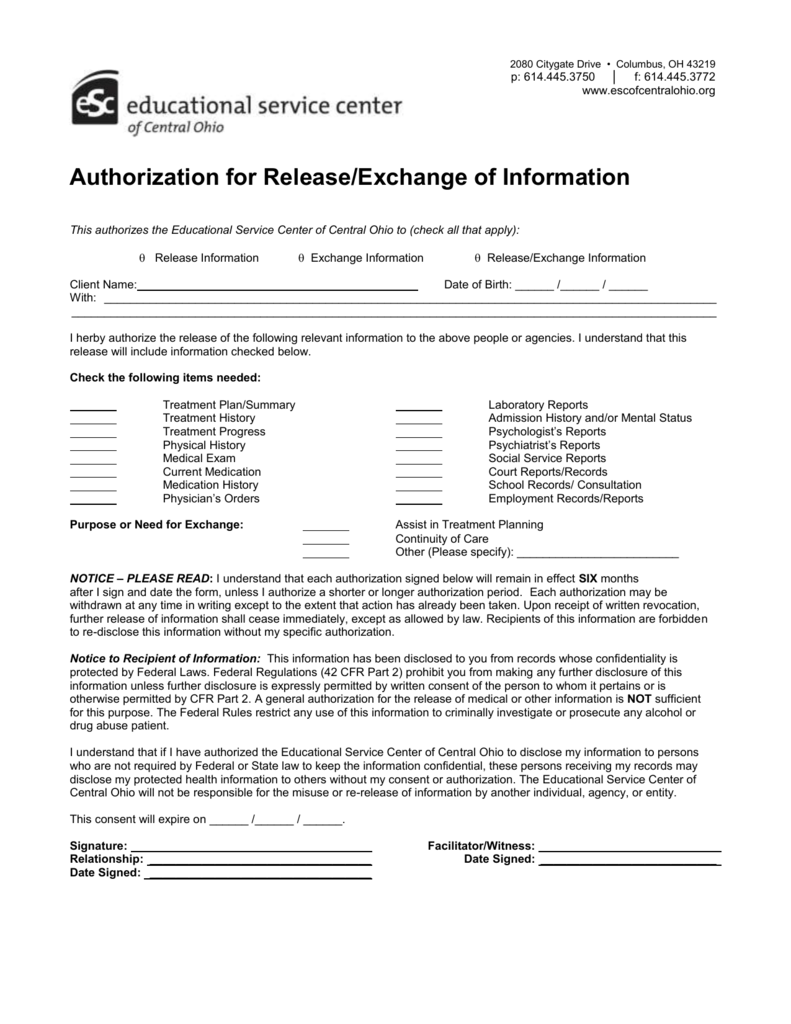 Authorization For Release Exchange Of Information