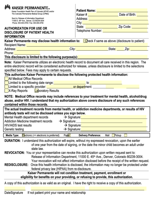 Authorization For Use Or Disclosure Of Patient Health Information Form 