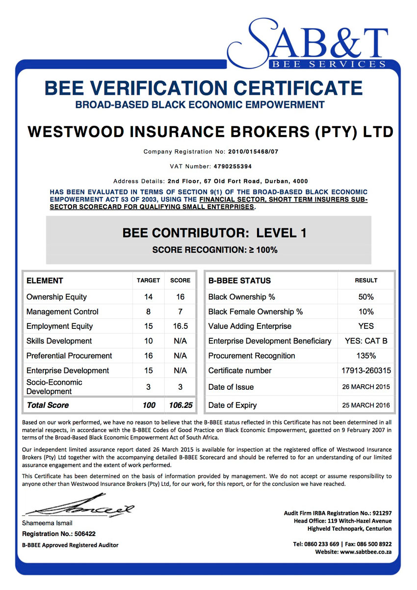 B BBEE Status Westwood Insurance Brokers