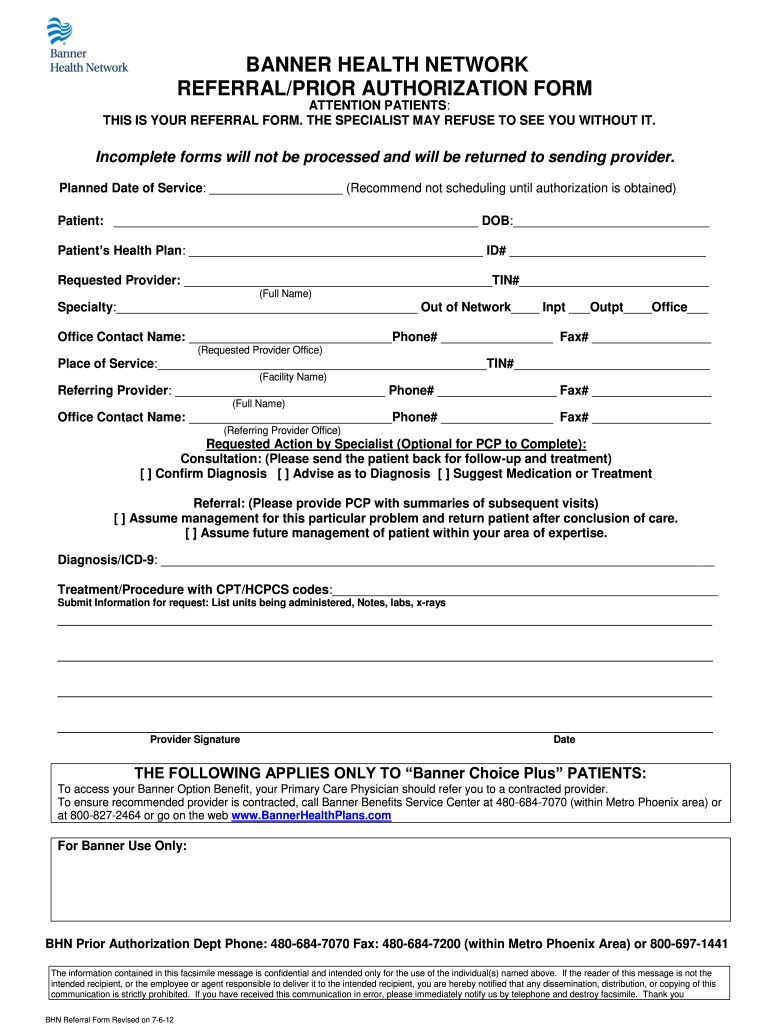 Banner University Family Care Prior Auth Form Fill Online Printable 