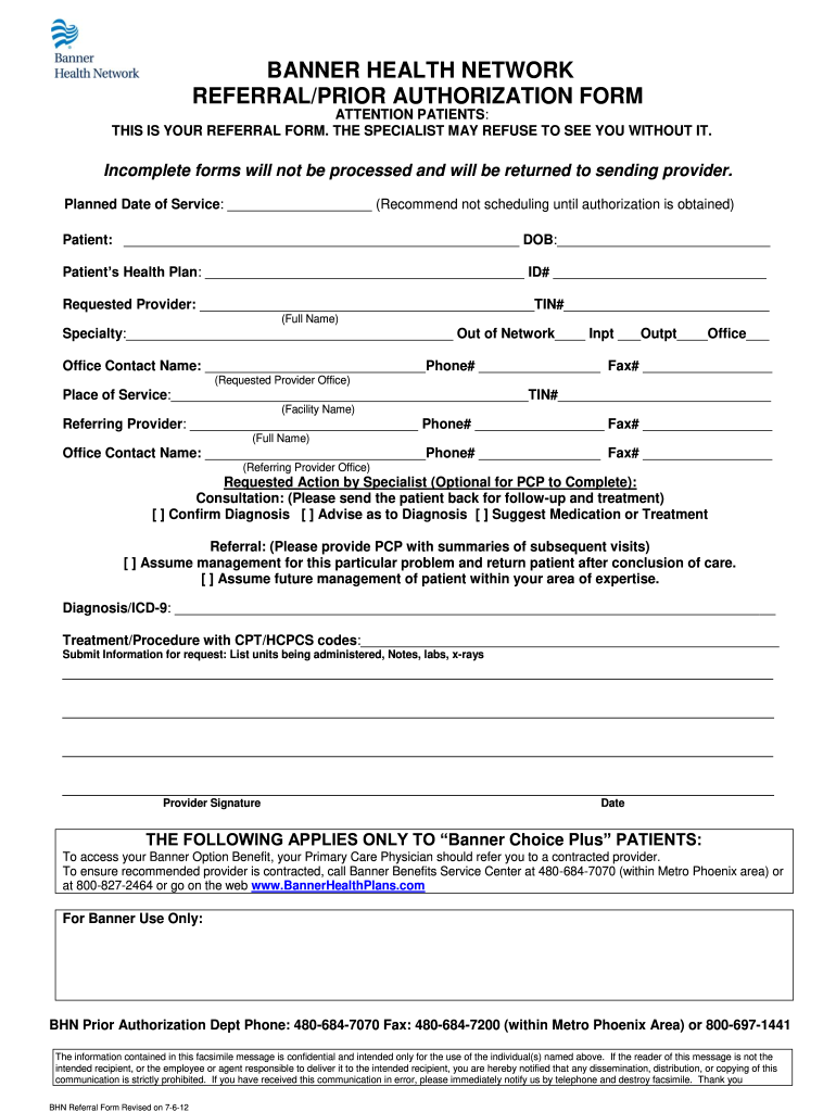 Banner University Family Care Prior Auth Form Fill Online Printable