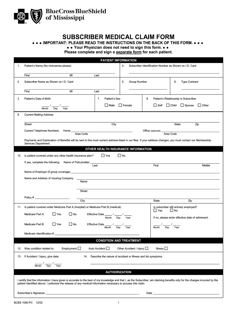 Bcbs 1090 Form Mississippi Fill Online Printable Fillable Blank 