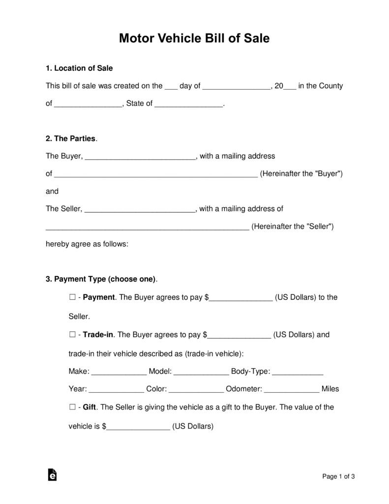 Bill Of Sale With Payment Plan Bill Of Sale Form