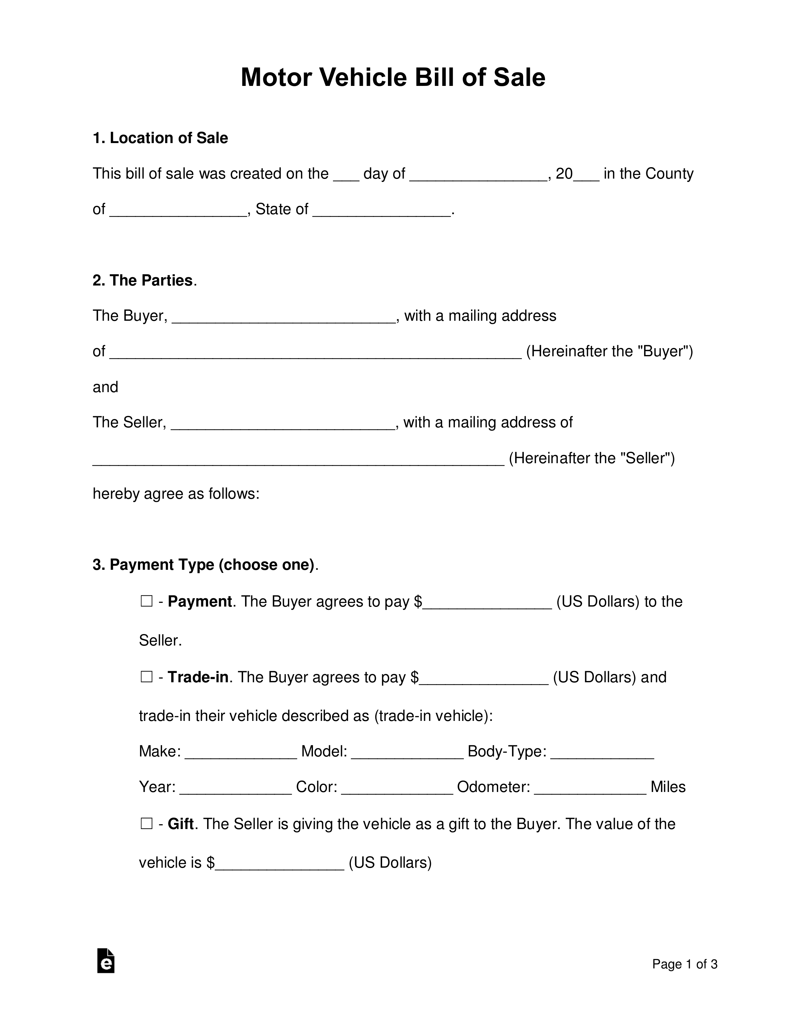 Bill Of Sale Form With Payment Plan PlanForms