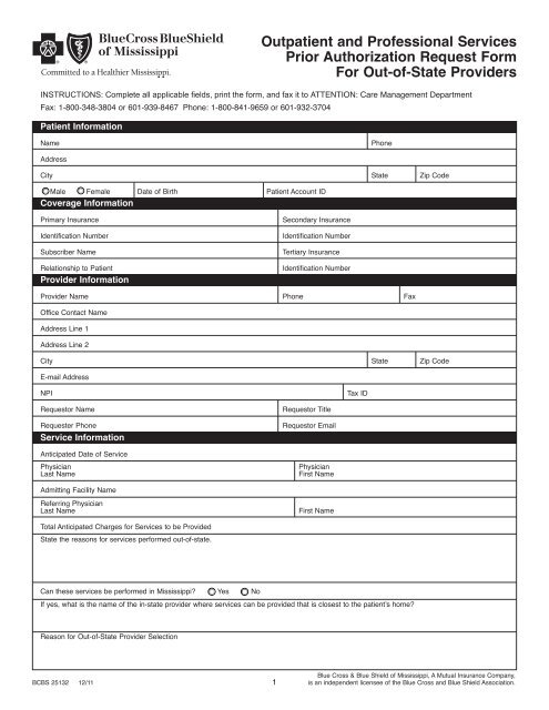 Blue Cross Blue Shield Prior Authorization Form