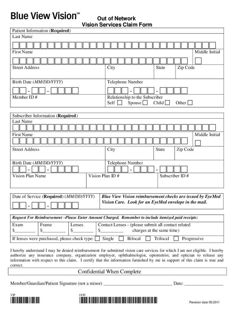 Blue View Vision Services Claim Form 2011 2021 Fill And Sign 