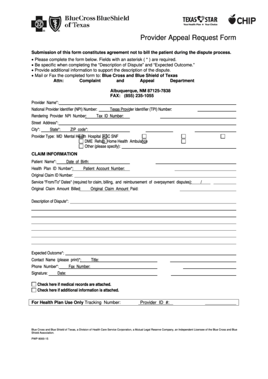 Bluecross Blueshield Of Texas Provider Appeal Request Form Printable