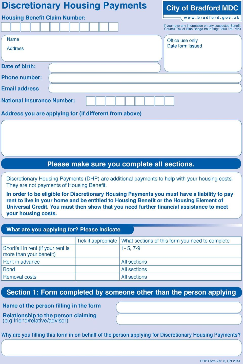 Bradford Council Housing Benefit Application Form