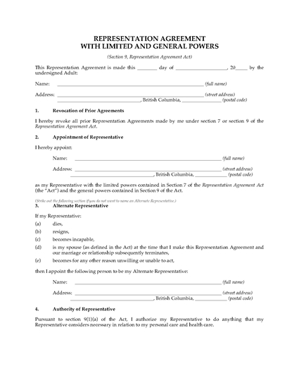 British Columbia Representation Agreement Package Section 9 Legal 