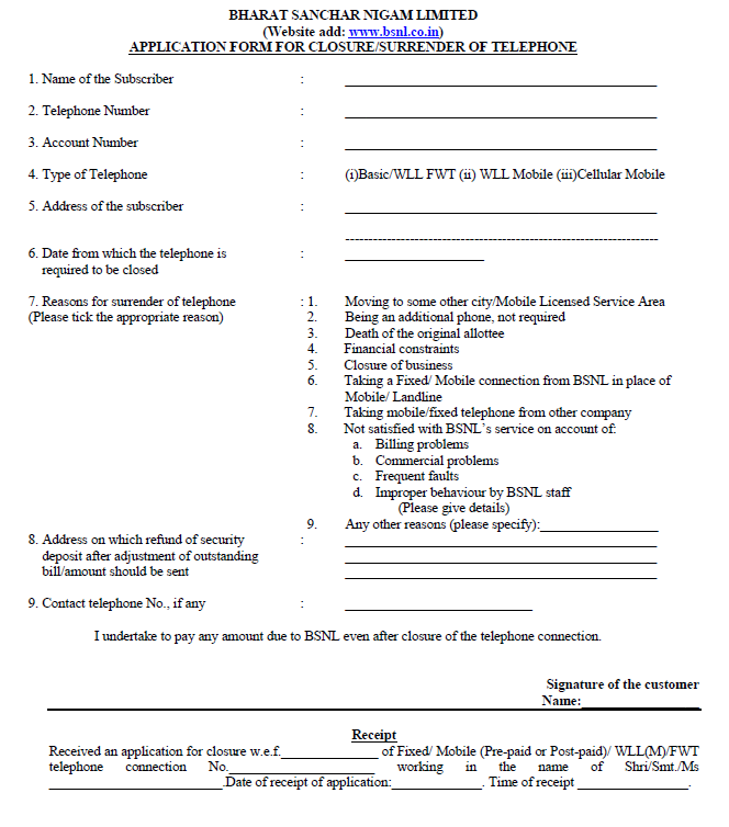 Bsnl Application Form For Closure Surrender Of Broadband