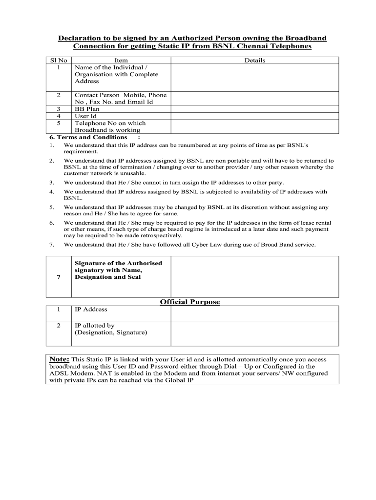 Bsnl Static Ip Application Form Fill Online Printable Fillable 