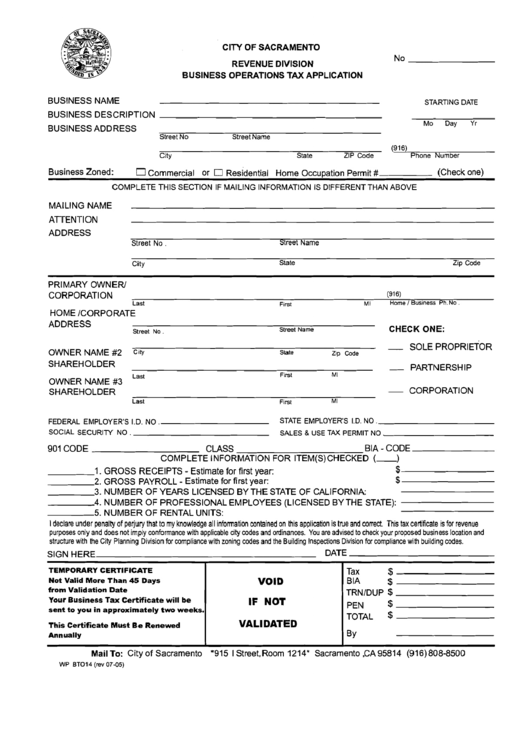 Business Operations Tax Application Form City Of Sacramento Printable 