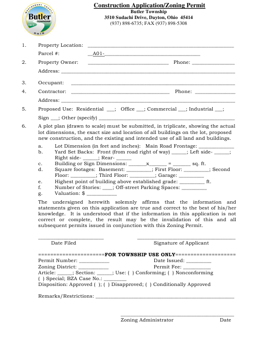 Butler Township Ohio Construction Application Zoning Permit Download 