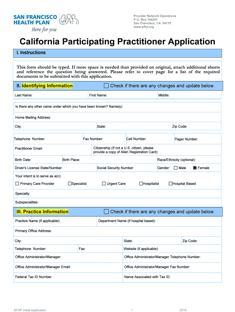 CA San Francisco Health Plan Participating Practitioner Application