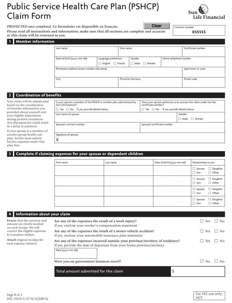 Canada Public Service Health Care Plan Pshcp Claim Form Sun Life 