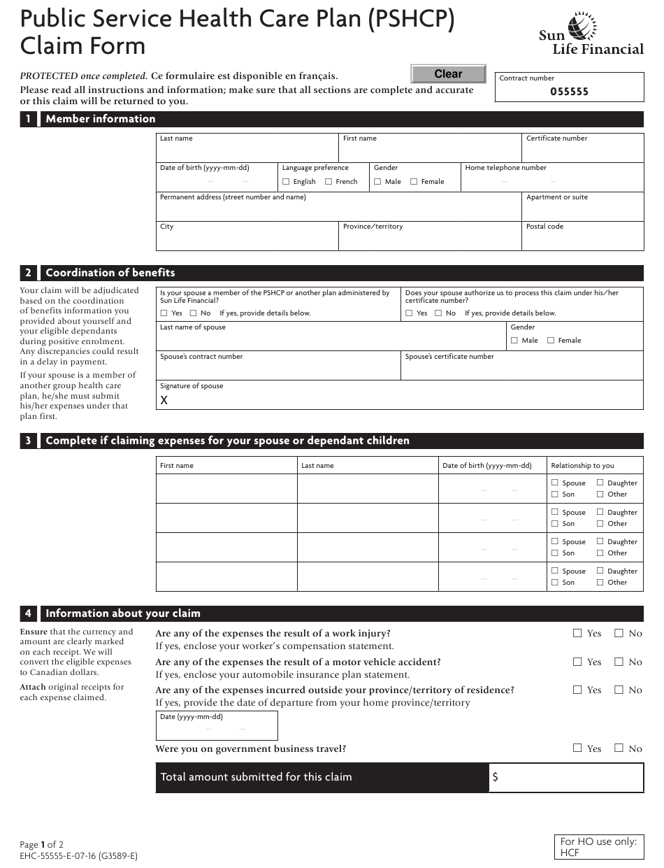 Canada Public Service Health Care Plan Pshcp Claim Form Sun Life