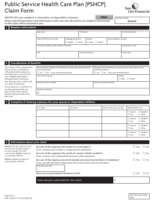 Canada Public Service Health Care Plan Pshcp Claim Form Sun Life 