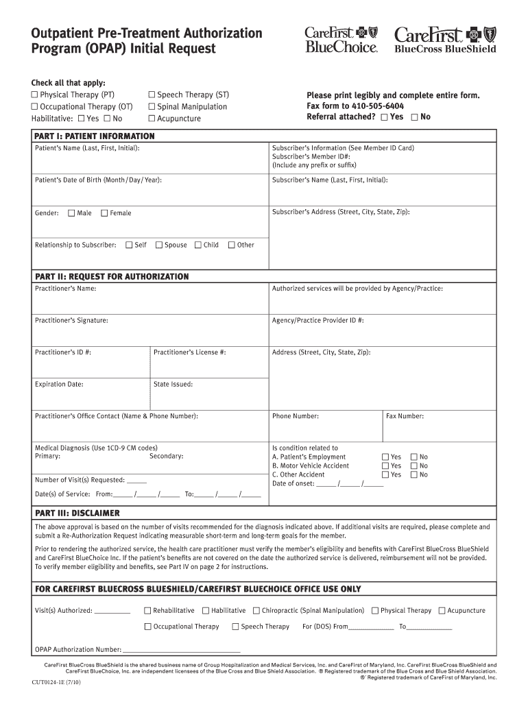 CareFirst BCBS CUT0124 1E 2010 Fill And Sign Printable Template 