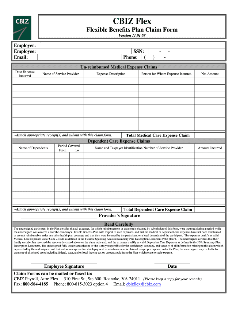 CBIZ Flex Flexible Benefits Plan Claim Form 2008 Fill And Sign 