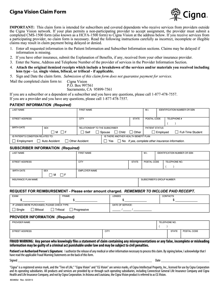 Cigna Vision Claim Form Fill Online Printable Fillable Blank 